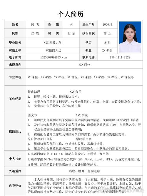 大一新生个人简历咋写黄化版