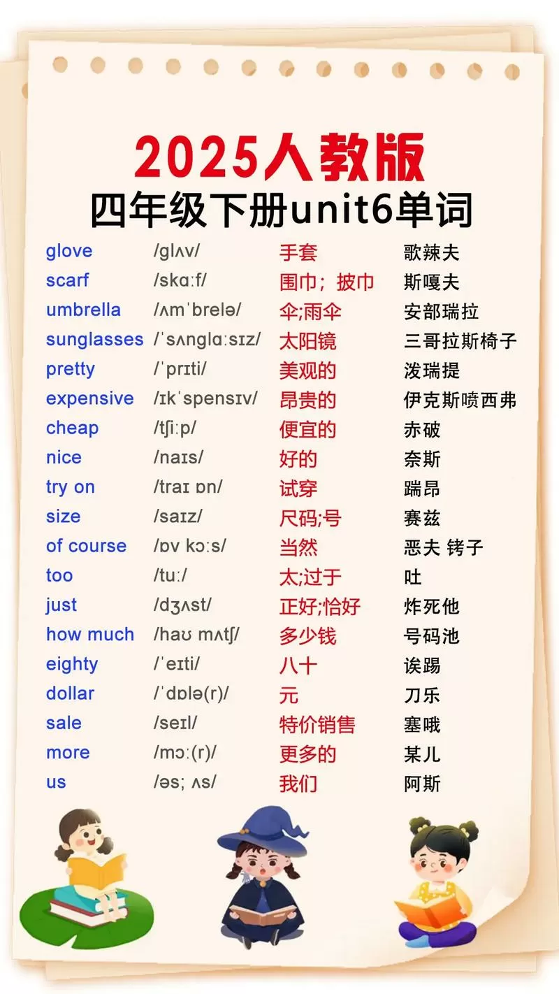 四年级下册1～6单元英语单词图标